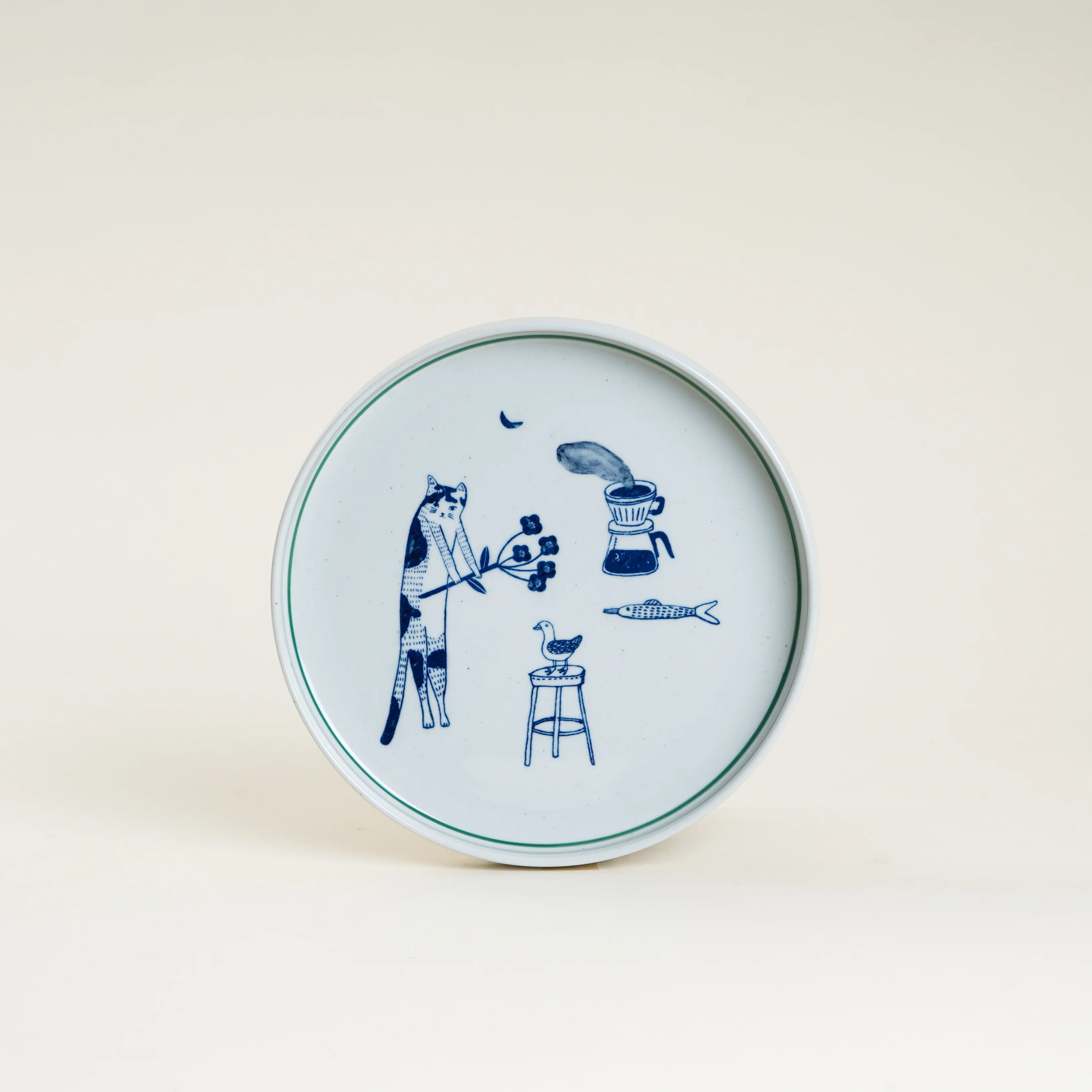7" Yeogi-Damki Hand-Painted Plate - Cat & Coffee